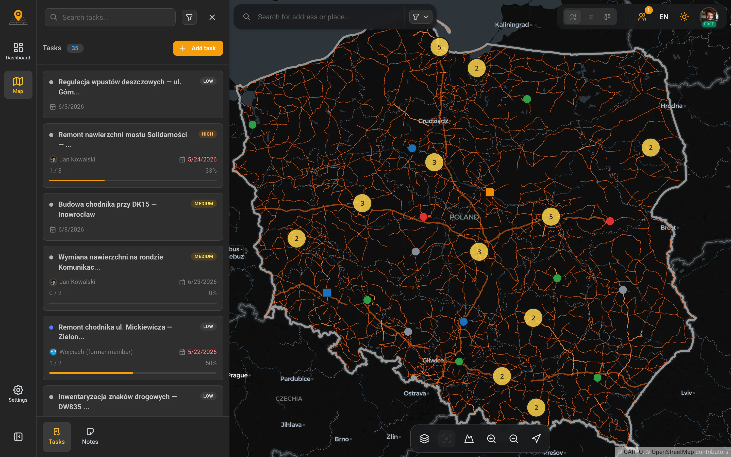 GeoMarkup — map view with task pins